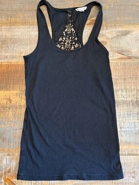 American Eagle Black Ribbed Racerback Tank Top with lace crochet detail